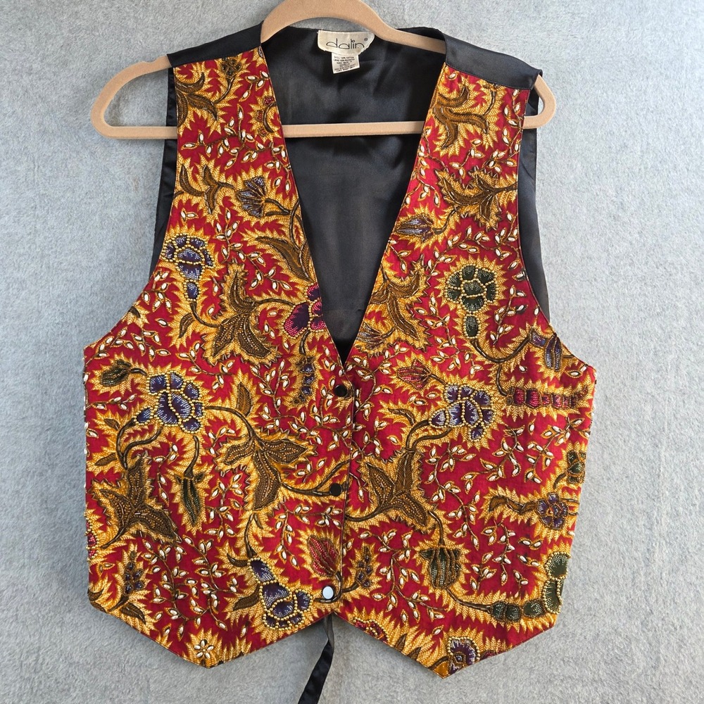 Dalin Vest Women One Size Red Multi Floral Batik Hand Beaded Boho V-Neck